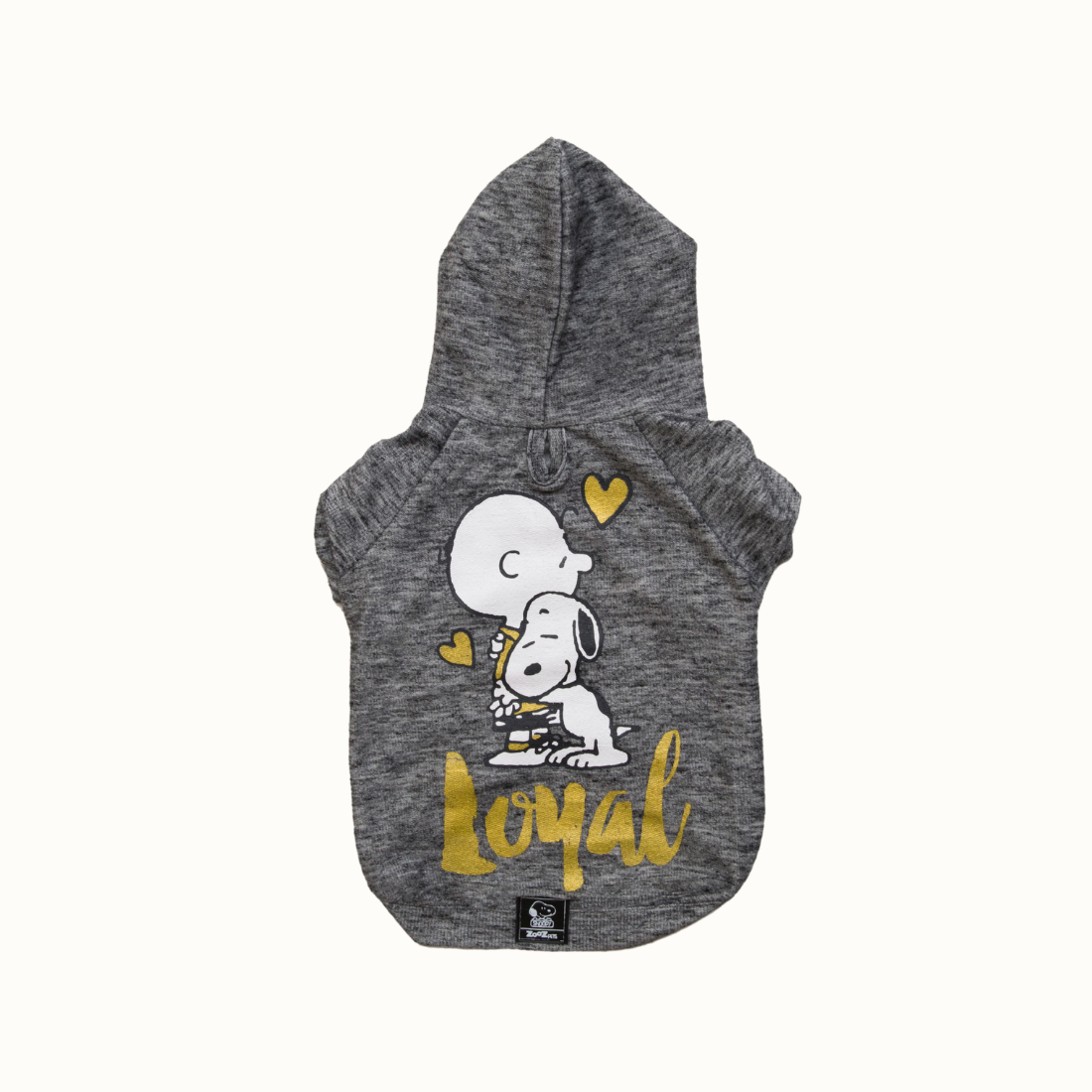 Sweatshirt Zooz para cão em cinza mesclado, com estampa do Snoopy abraçado ao Charlie Brown e a palavra "Loyal" em amarelo. Vista de frente, sobre fundo branco. 