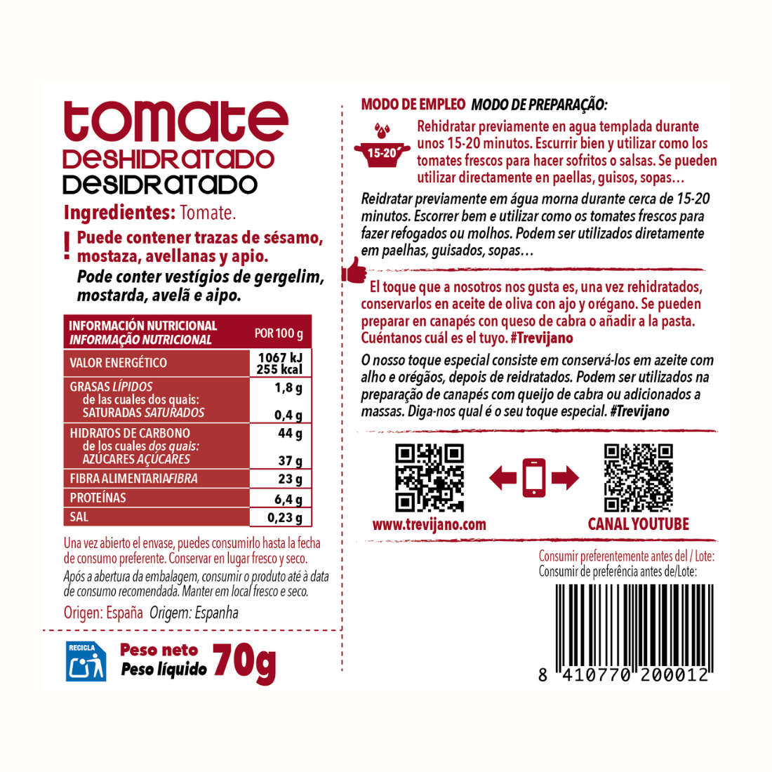 Pack de 7 Bolsas - TREVIJANO Tomate Seco desidratado