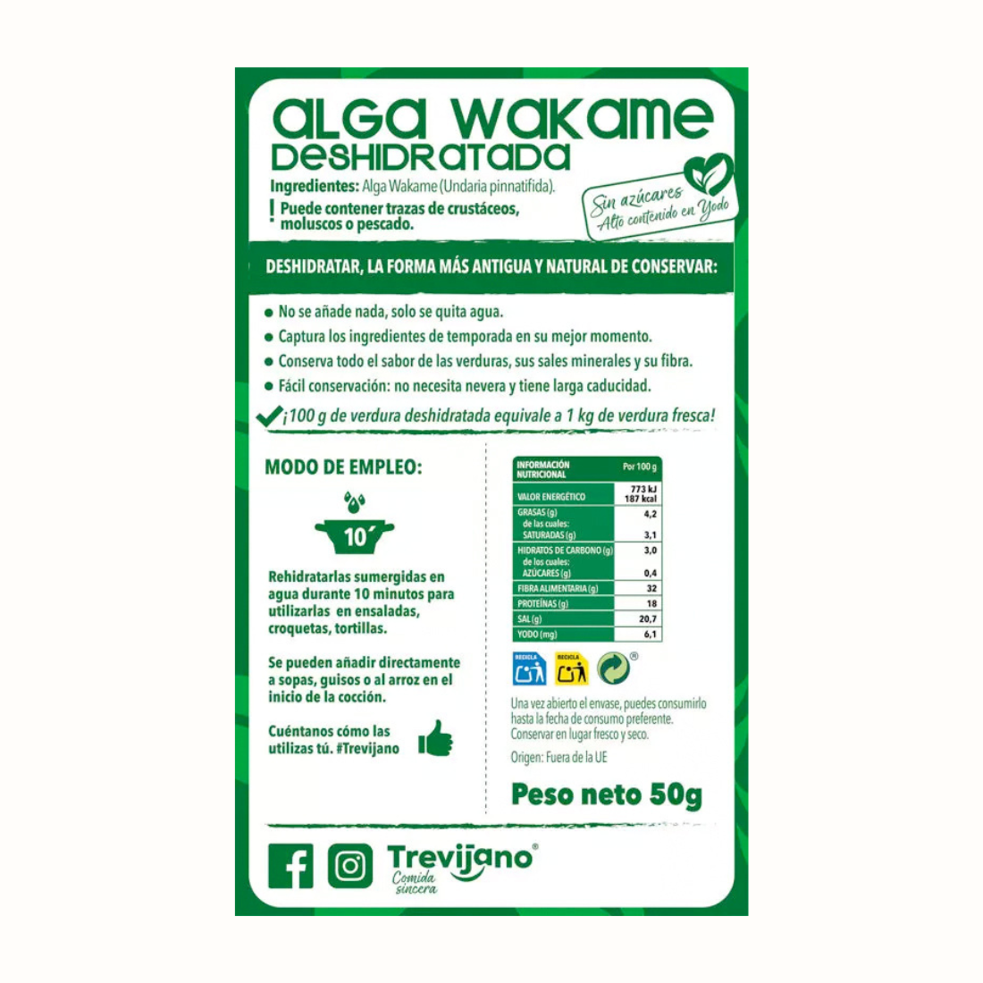 Alga Wakame desidratada da Trevijano: rica em iodo e versátil. Ideal para saladas, omeletes, croquetes, guisados e sopas. Explore os seus benefícios!
