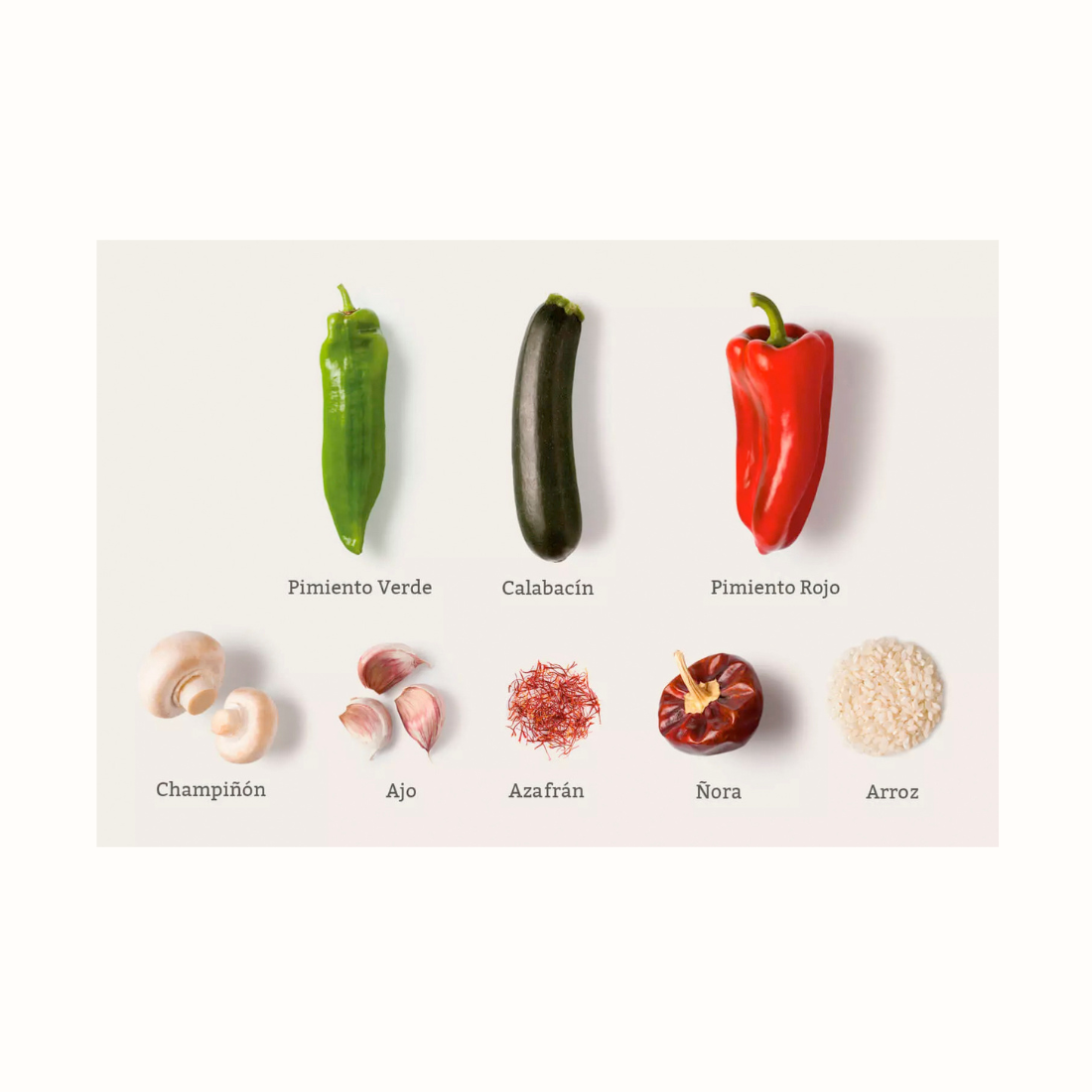 Paella de 6 Verduras Vegan: Arroz e vegetais desidratados com aroma de açafrão e pimentão. Experiência culinária espanhola autêntica.