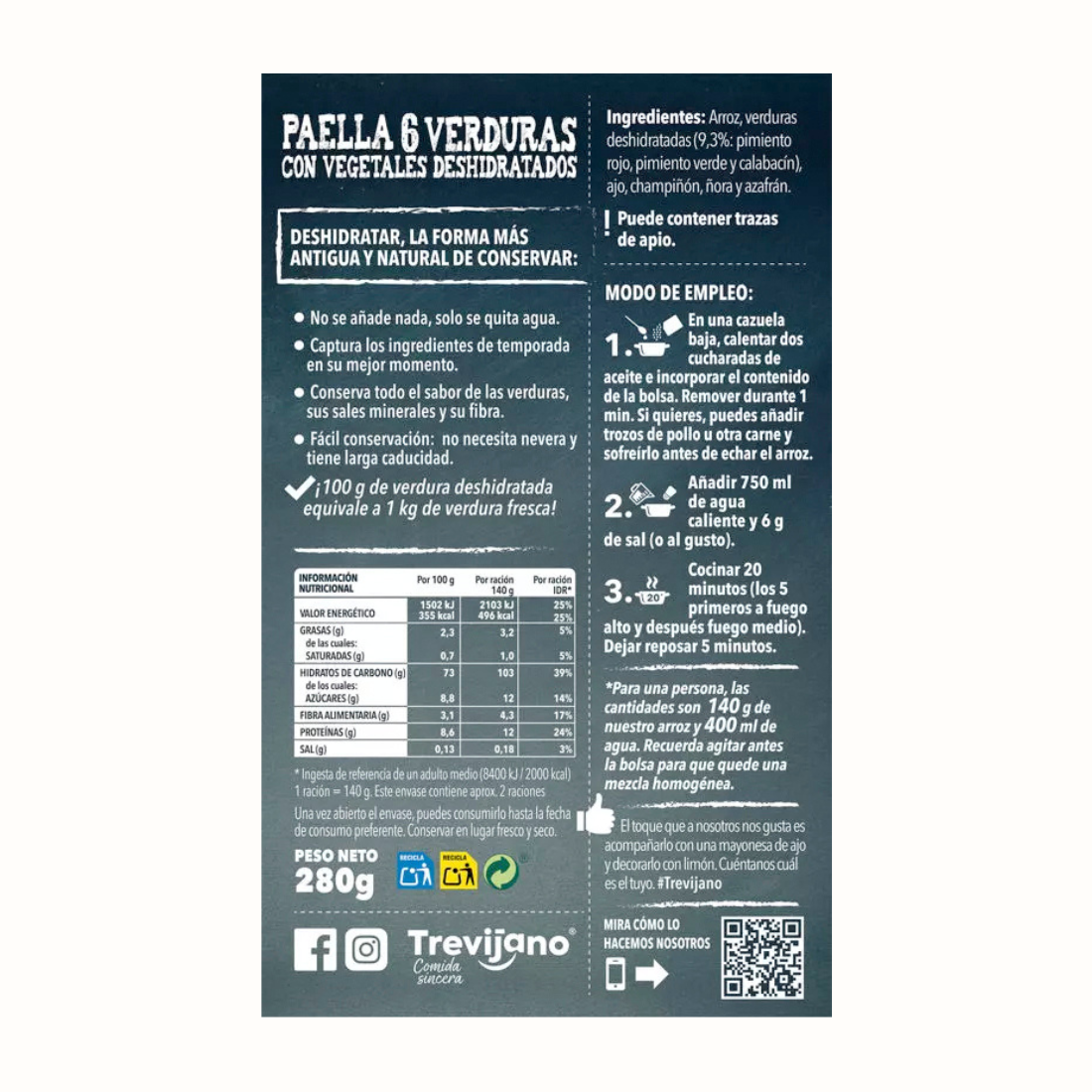 Paella de 6 Verduras Vegan: Arroz e vegetais desidratados com aroma de açafrão e pimentão. Experiência culinária espanhola autêntica.