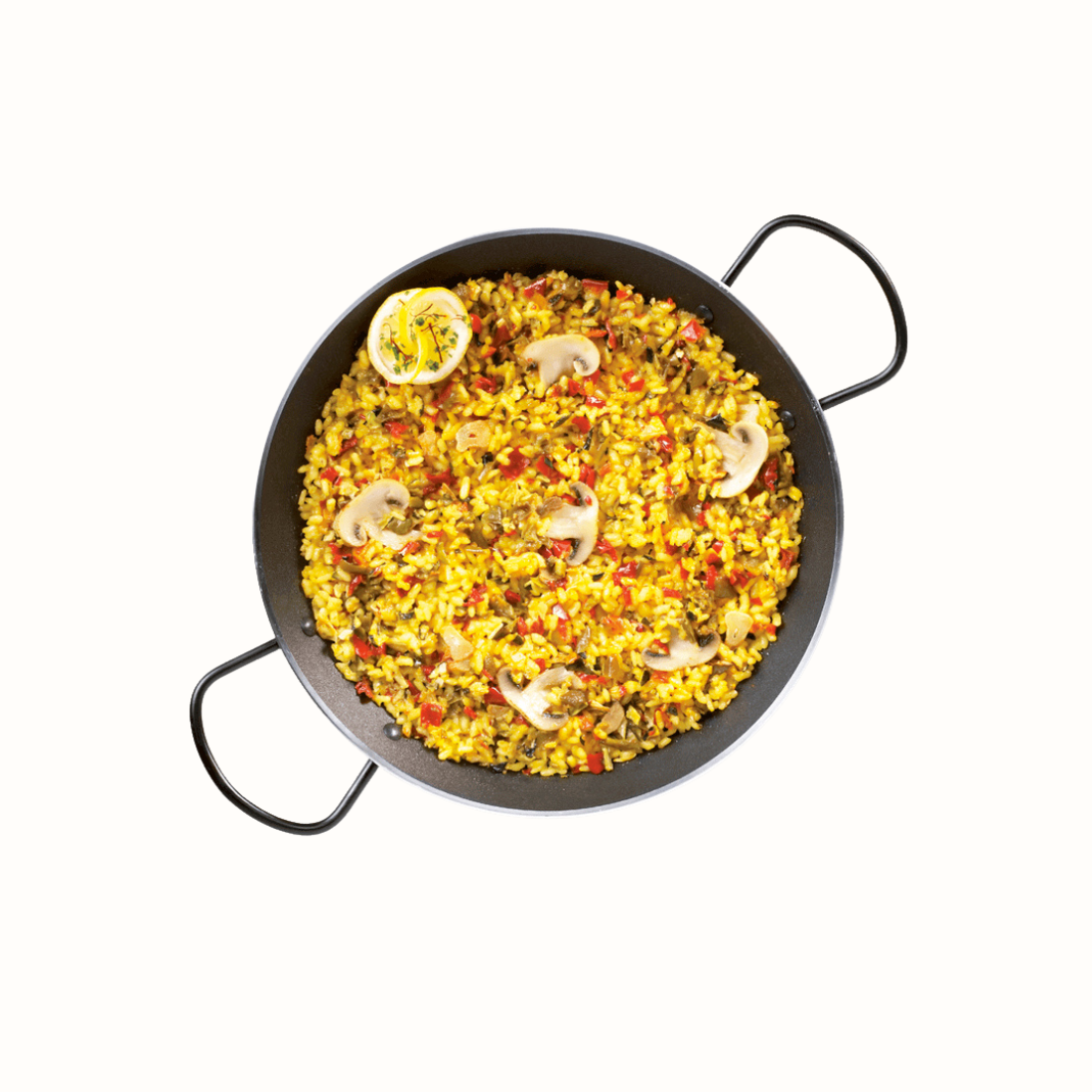 Paella de 6 Verduras Vegan: Arroz e vegetais desidratados com aroma de açafrão e pimentão. Experiência culinária espanhola autêntica.