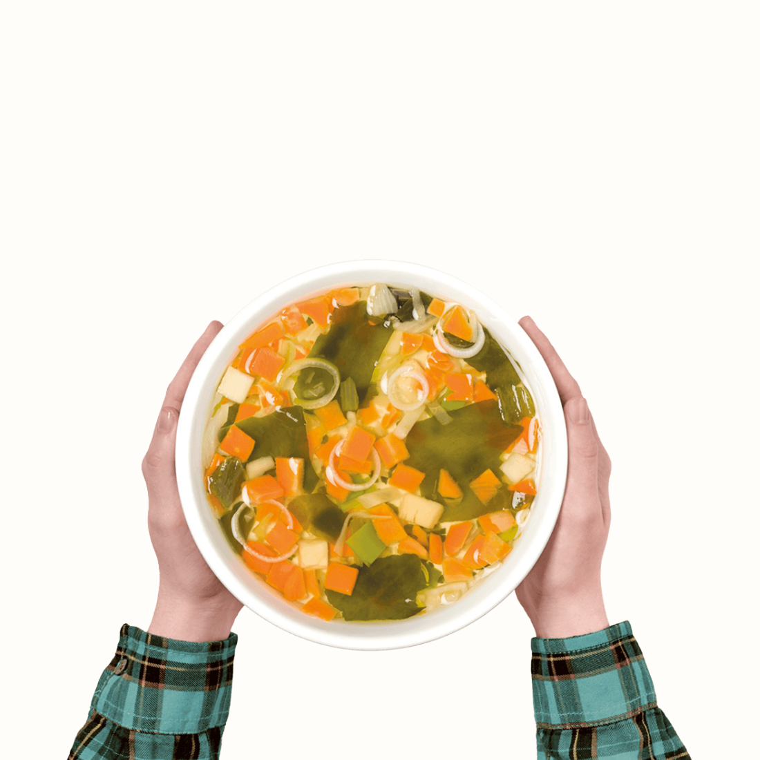 Sopa de Quinoa Vegan: Preparado de vegetais desidratados. A alga wakame é o ingrediente de destaque. Preparação rápida.